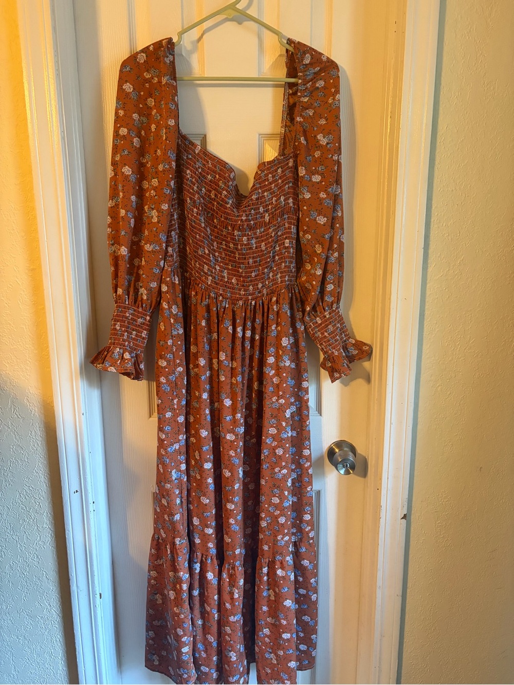 Rust Floral Long-Sleeve Smocked Maxi Dress